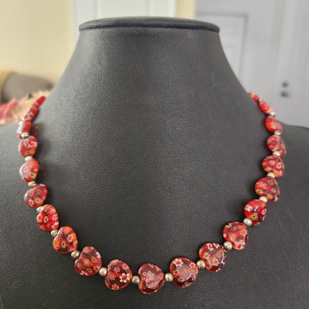 925 Sterling Silver Red Heart Millefiori Art Glass Bead Necklace